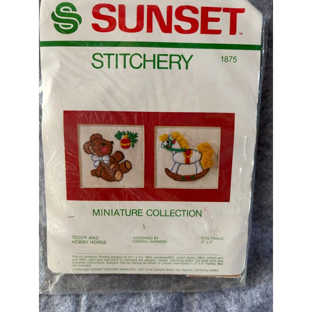 Vntge Sunset Stitchery 1875 Miniature Teddy Bear and Hobby Horse 2x2 Needlepoint
